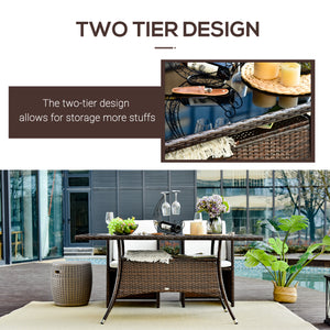 Garden Dining Table, Patio Rattan Dining Table with Glass Top, Storage Shelf for Yard, 59" x 34" x 29", Brown