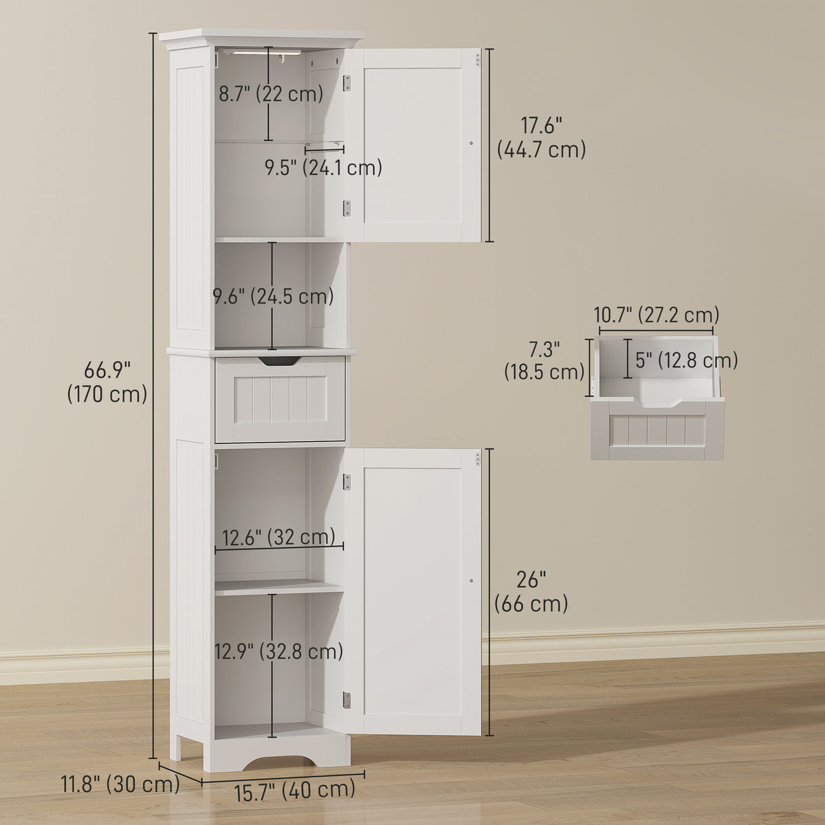 67" Tall Bathroom Storage Cabinet, Narrow Bathroom Cabinet with LED Light, Adjustable Shelf, Open Compartment, Drawer