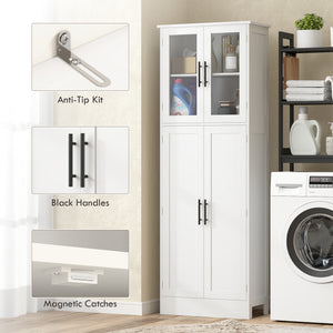 Tall Bathroom Cabinet with Glass Doors, Space-Saving Unit with Adjustable Shelves, Freestanding Storage, White