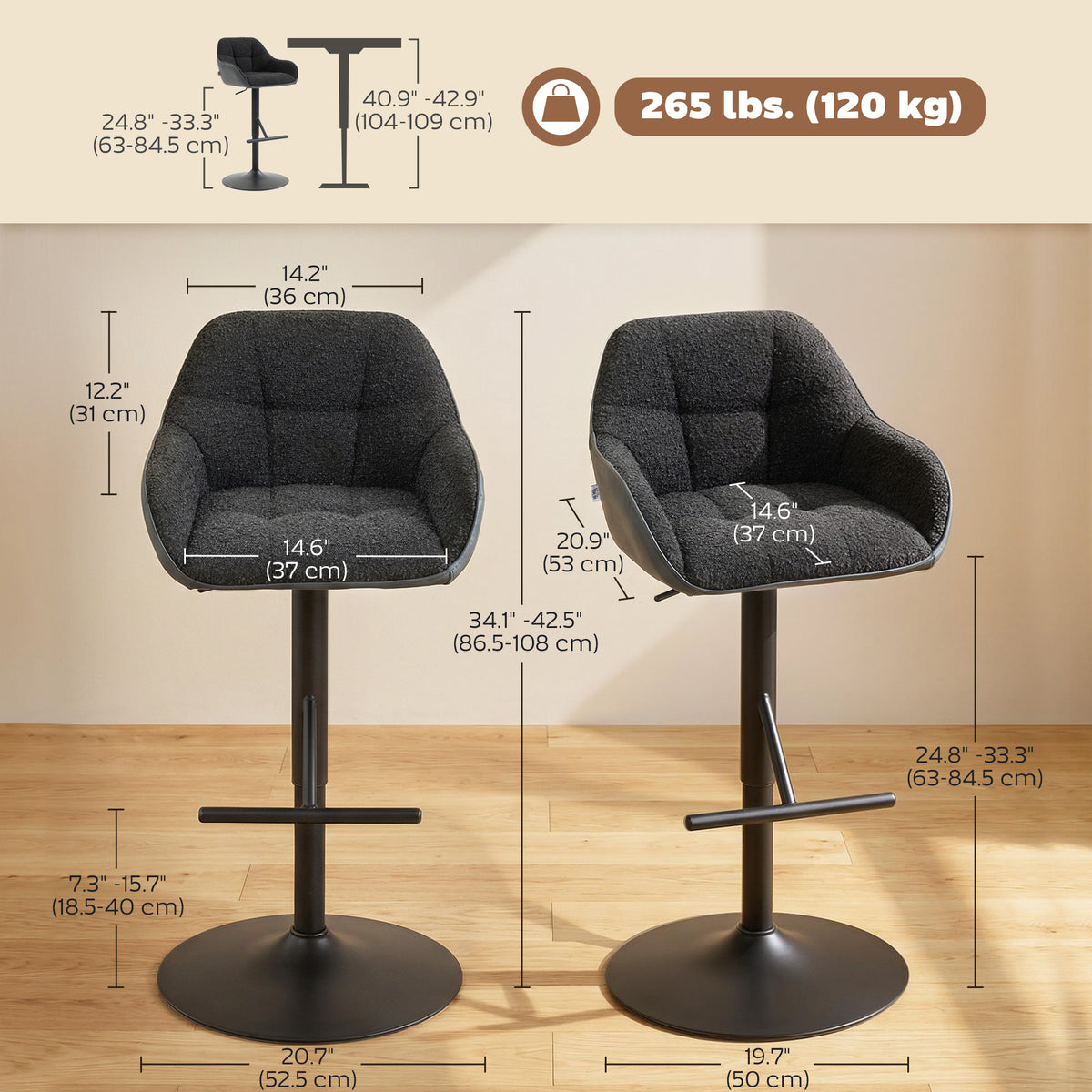 Bar Stools Set of 2, Swivel Counter Height Barstools with Back, Footrest, Armrests, Adjustable Height, Black – view 2
