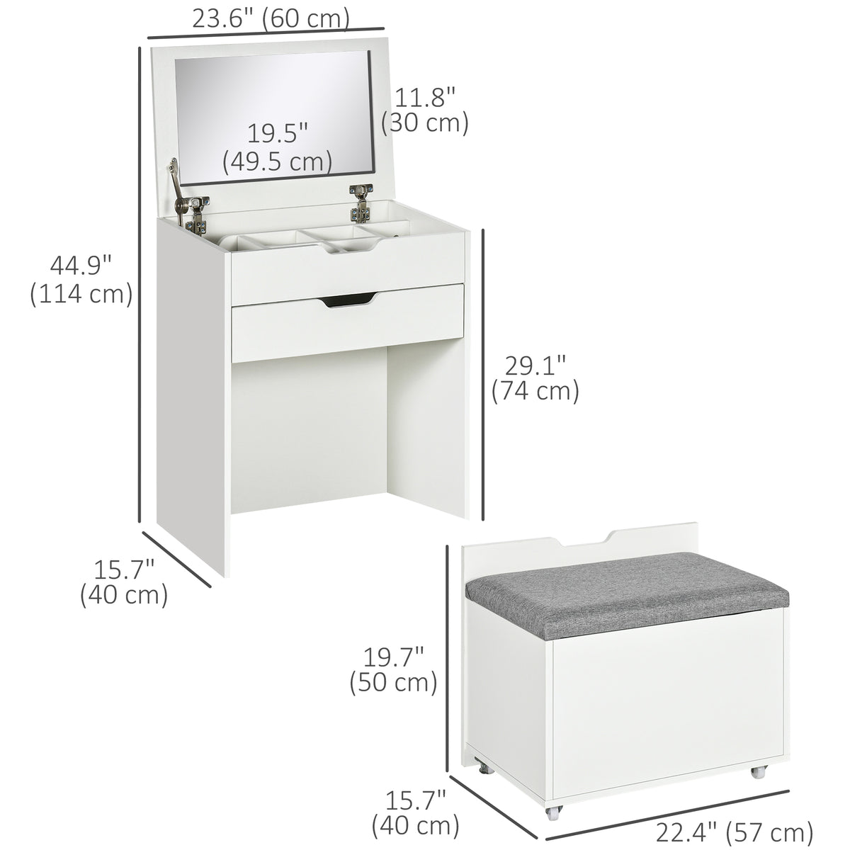 Vanity Set with Flip Top Mirror, Makeup Vanity Desk with Stool, Dressing Table with Drawer and 7 Compartments, White