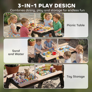 Qaba Kids Picnic Table with Umbrella, 3 in 1 Wooden Sand & Water Table with 2 Hidden Play Boxes for Patio, Ages 3-6