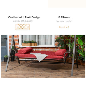 3 Person Porch Swing Bed, 2-in-1 Convertible Outdoor Patio Swing Chair Bench Hammock with Adjustable Canopy, Cushions, Pillows for Porch and Backyard, Red