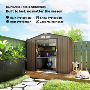 7' x 4' x 6' Garden Storage Shed Outdoor Patio Metal Tool Storage House w/ Foundation Kit and Double Doors Brown