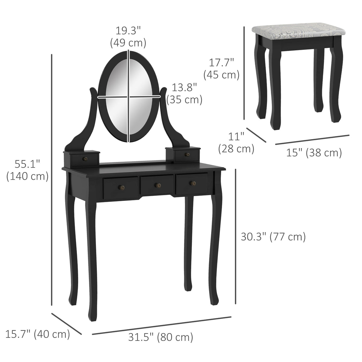 Vanity Desk with Stool, Makeup Vanity with 360° Rotating Oval Mirror, 5 Drawers and Padded Seat, Dressing Table for Bedroom, Black