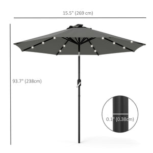 8.8 ft Solar Powered Outdoor Patio Umbrella Round Market Table Umbrella with Adjustable LED Lights Tilt Crank Dark Grey