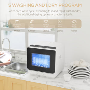 Countertop Dishwasher with Built-in 6L Water Tank, 5 Wash Programs, Touch Control, LED Display, Dual Water Supply, White