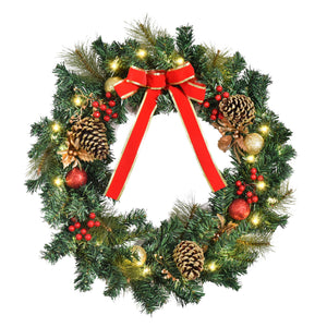 Christmas Wreath 24" Pre-Lit Artificial Greenery Xmas Spruce Wreath Cones Red Berries 20 LED Lights Battery Operated