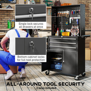 Rolling Tool Cabinet with Pegboard, Lockable Tool Chest, Mobile Tool Storage Organizer for Garage and Workshop, Black