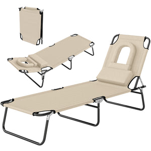 Folding Chaise Lounge Chair, Reclining Beach Tanning Chair with Face Hole, Pillow – view 6