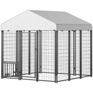 Outdoor Dog Kennel with Waterproof UV-Resistant Cover, Rotating & 4-Level Adjustable Feeding Bowls