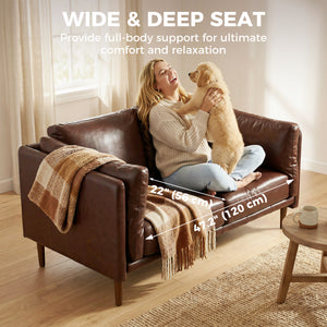 59" Loveseat Sofa, PU Leather 2 Seater Sofa with Wide Seat, High-Density Foam, Thick Cushion, Wood Legs, Brown