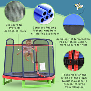 84.75" Kids Trampoline 7 FT Indoor Outdoor Trampolines with Safety Net Enclosure Built-in Zipper Padded Covering, for Boys and Girls, Red
