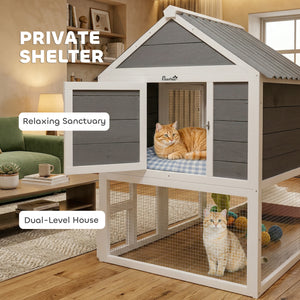 Catio Outdoor Cat Enclosure, 63" L Large Cat House with 4-Way Adjustable Door, Private House, Hammock, 2 Platforms