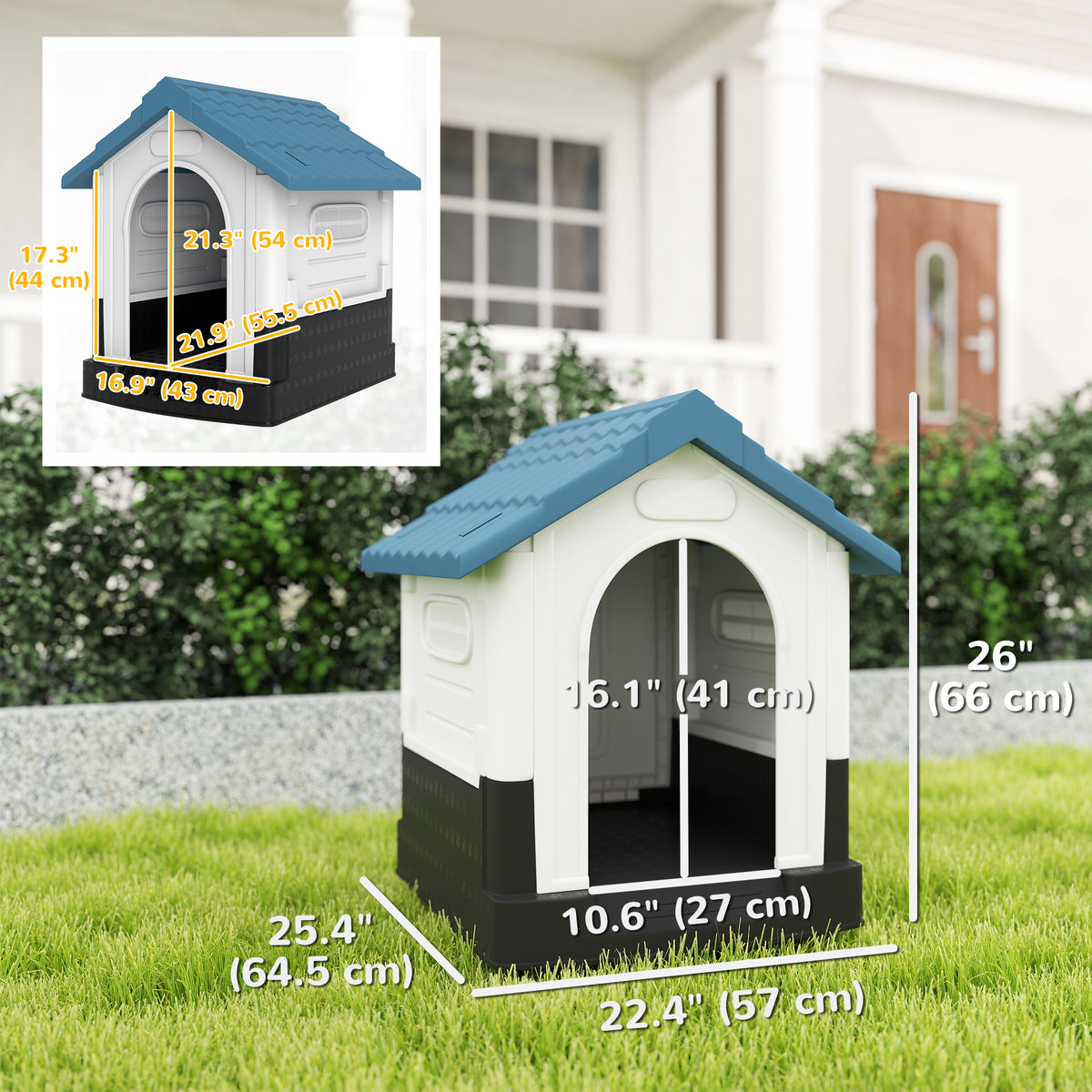 Outside Dog Kennel House with Windows, Base Support, for Garden Patio, Miniature Dogs, 64.5 x 57 x 66cm – view 2