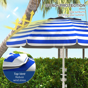 5.7' Beach Umbrella for Travel with Tilt, Adjustable Height, 2 Cup Holders, Hook, Vent, Ruffles, Blue and White