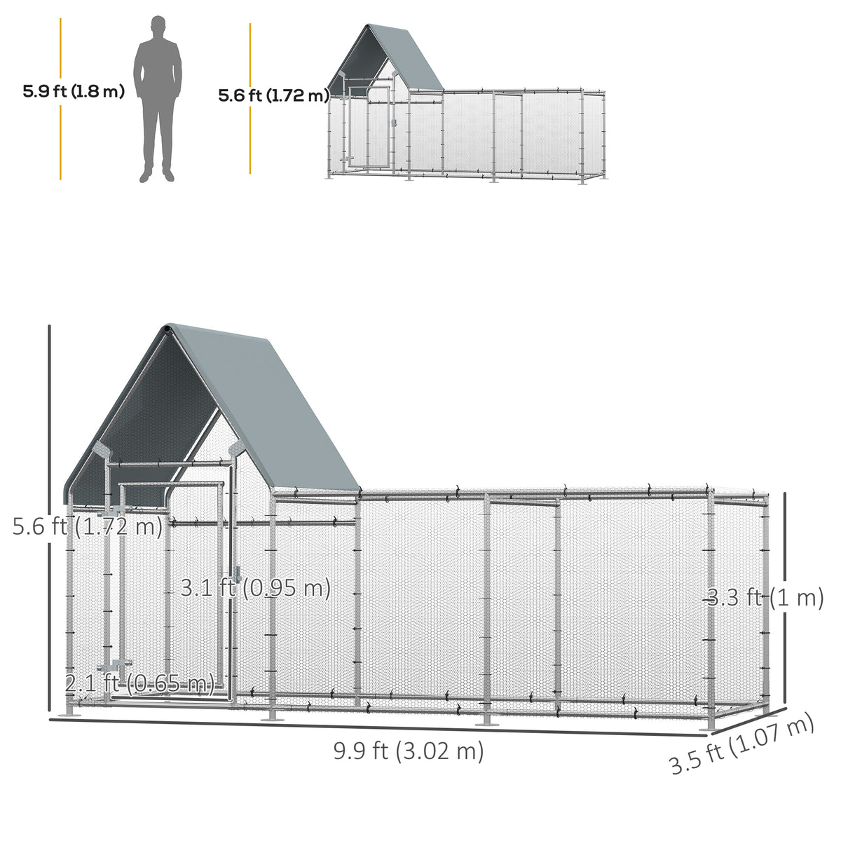 Walk In Chicken Run, Large Galvanized Chicken Coop, Hen Poultry House Cage, Rabbit Hutch Metal Enclosure w/ Water-Resist Cover for Outdoor Backyard Farm, 9.9' x 3.5' x 5.6'
