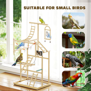 Bird Playground, 4 Layer Wooden Play Stand with Ladders, Chain Toy, Stainless Steel Cups and Tray for Small Birds