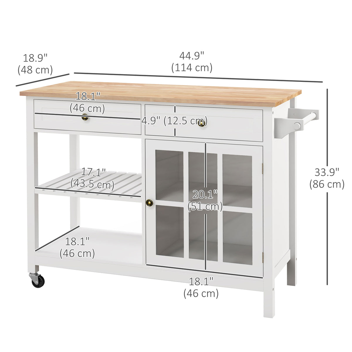 Kitchen Cart on Wheels, Utility Storage Island with Rubber Wood Top, Towel Rack, Cabinets, Drawers, White