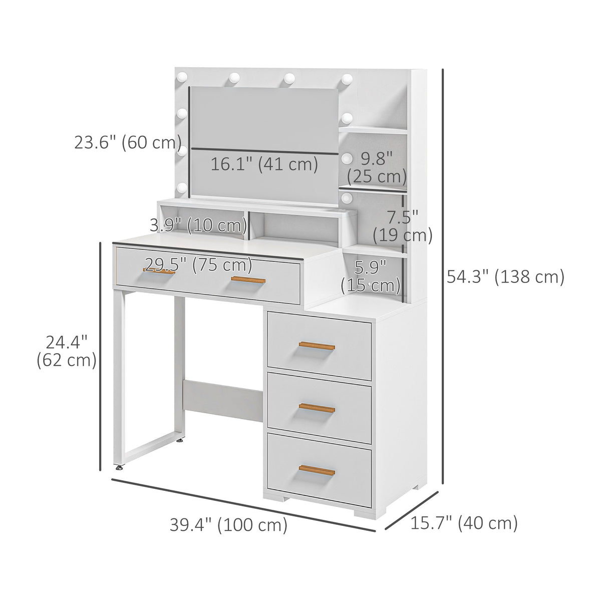 Illuminated Dresssing Table, LED Vanity Table with Mirror, Drawer and Storage Shelves for Bedroom, White