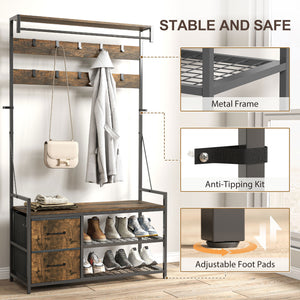 6-In-1 Hall Tree with Shoe Storage, Coat Rack Shoe Storage with 10 Hooks, 2 Fabric Drawers, Rustic Brown