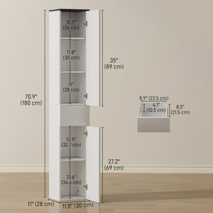 Tall Bathroom Cabinet with 2 Cupboards and Drawer, Slim Bathroom Storage Cabinet with Adjustable Shelves, White