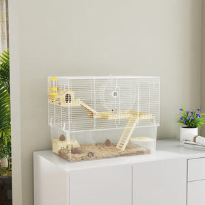 Hamster Cage with Deep Bottom, Wooden Ramp, Hut, Bathroom and Exercise Wheel for Hamster and Gerbil, White