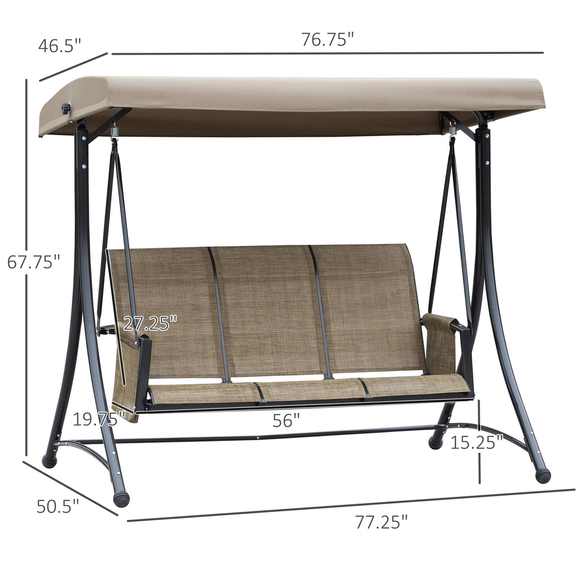 3 Person Porch Swing Outdoor Swing Chair with High Back Design, Side Pouches and Adjustable Canopy, Brown – view 2