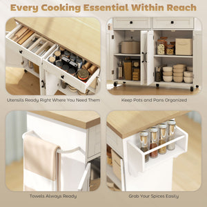 Kitchen Island with Storage, Rolling Kitchen Cart with Charging Station, Drop Leaf, Spice Rack, Towel Rack, Drawers