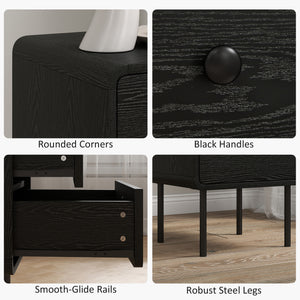 Modern Bedside Tables Set of 2, 2 Pieces Nightstands with 2 Storage Drawers and Steel Legs for Bedroom, Black Wood Grain