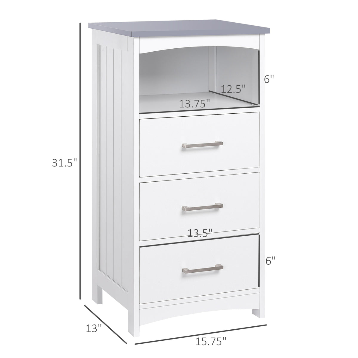 Small Bathroom Storage Cabinet, Floor Cabinet with 3 Drawers and Open Component, Narrow Bathroom Cabinet, White