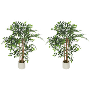 4FT Artificial Banyan Tree Set of 2, Fake Potted Tree with Solid Wood Trunk and Pot for Indoor