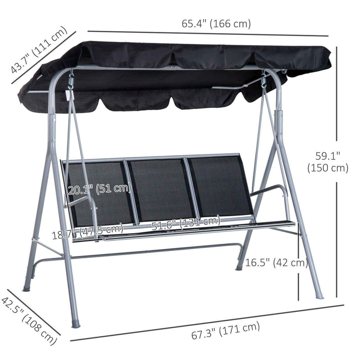 3-Seater Patio Swing, Outdoor Swing Chair, A Frame Porch Swing with Canopy Garden Hammock Glider Bed, Black – view 2