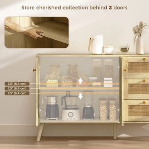 47" Buffet Cabinet with Soft-Close Doors, Rattan Sideboard with Drawers, Adjustable Shelf and Wooden Legs, Natural