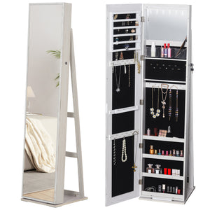 Mirror Jewelry Cabinet Armoire, Lockable Jewelry Organizer with Full-Length Mirror, LED Lights, Standing Jewelry Armoire in White Wood