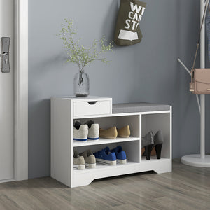 Upholstered Shoe Storage Bench, Hallway Shoe Storage with Seat, Drawer, 3 Open Shelves for Entryway, Grey – view 20