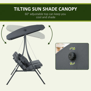 3-Person Patio Swing Chair, Outdoor Porch Swing Bench with Adjustable Canopy, Cushioned Seat, Dark Grey