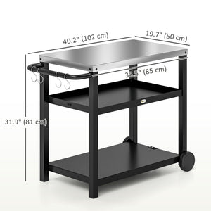 3-Shelf Outdoor Grill Dining Cart Pizza Oven Stand with Stainless Steel Top, Movable BBQ Food Prep Table Outdoor Kitchen Island with Hooks Wheels Handle, Charcoal Grey