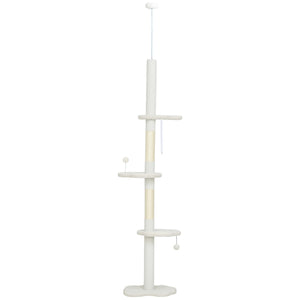 88.5"-100.5" Floor to Ceiling Cat Tree, Cat Tower with Scratching Posts, Cloud Shaped Platforms, Dangling Balls, Cream