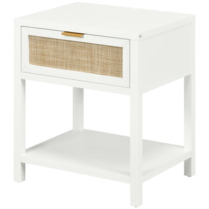 Boho Nightstand, Bedside Table with Rattan Drawer and Open Shelf, Side End Table for Bedroom, Living Room