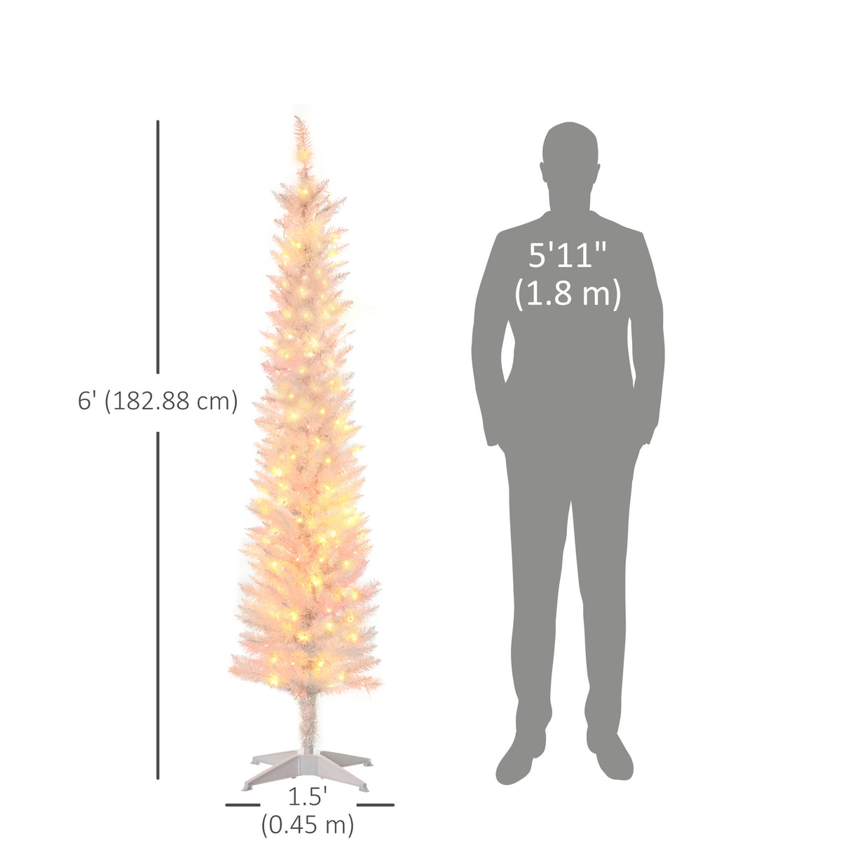 6' Prelit Christmas Trees, Pencil Artificial Christmas Tree with Colourful Surface Tips, Colourful LED Lights, White