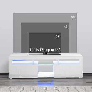 Modern TV Stand with Storage and LED Lights for TVs up to 55", TV Cabinet with Open Compartments, High Gloss White