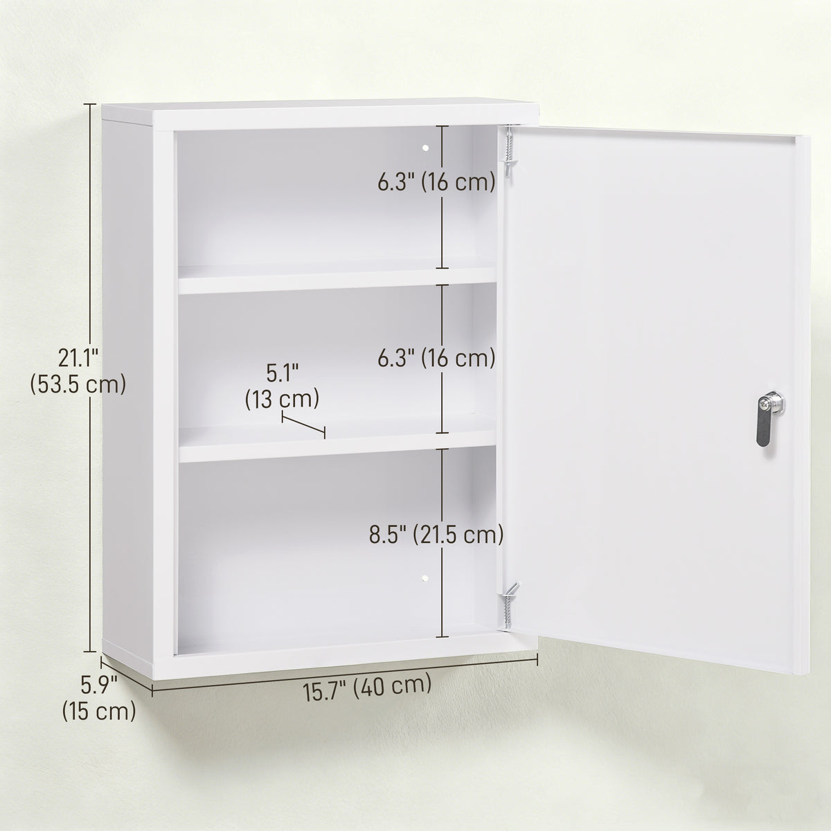 Lockable Medicine Cabinet, 3 Tier Steel Medical Wall Box with 2 Keys and Shelves for Bathroom, White