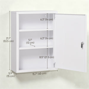 Lockable Medicine Cabinet, 3 Tier Steel Medical Wall Box with 2 Keys and Shelves for Bathroom, White