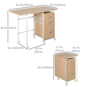 Foldable Computer Desk with Drawers, Executive Student Table with Storage Shelf, 6 Wheels for Bedroom Home Office Workstation, Natural