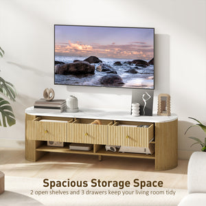 TV Stand, Modern TV Table with Marble-Effect Top, 3 Drawers and 2 Open Shelves for 32-65 Inch Television, Natural