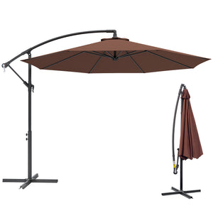 10' Deluxe Patio Umbrella, Outdoor Market Parasol, Banana Hanging Offset Sunshade with Crank, Cross Base, Coffee