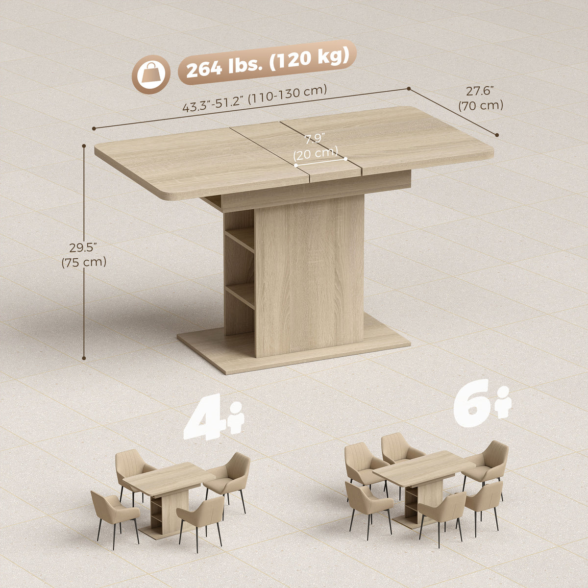 Extendable Dining Table for 4-6 People, 43.3"-51.2" Kitchen Table with 6 Open Shelves, Natural Wood