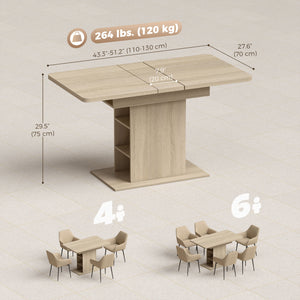 Extendable Dining Table for 4-6 People, 43.3"-51.2" Kitchen Table with 6 Open Shelves, Natural Wood