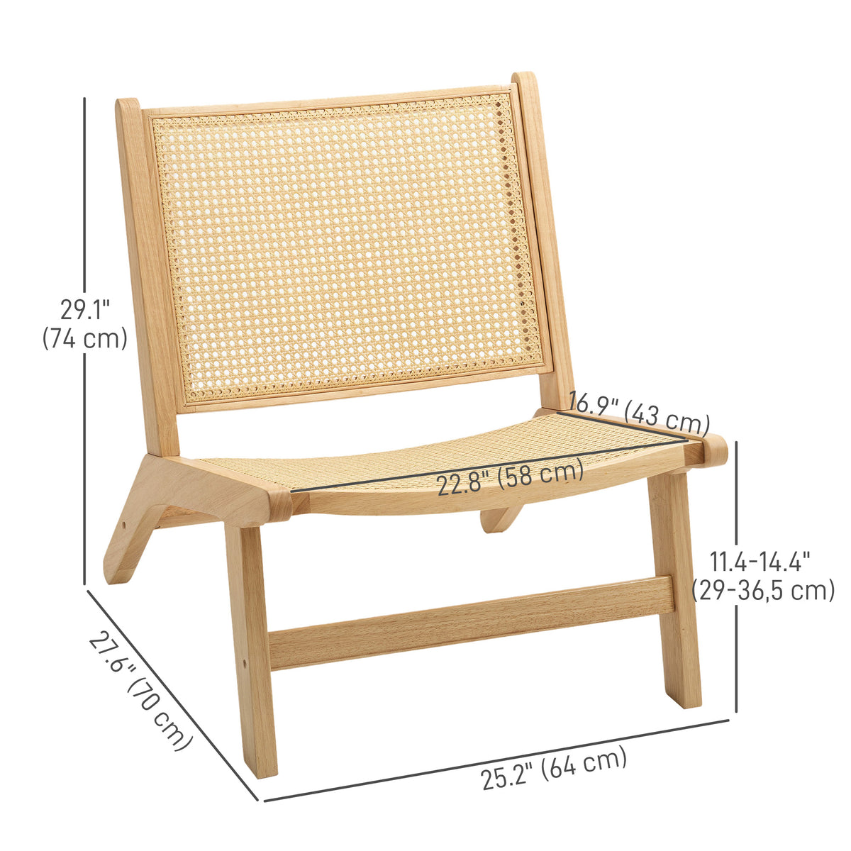 Rattan Accent Chair, Mid-Century Leisure Chair with Rubber Wood Frame, for Bedroom Living Room, Natural